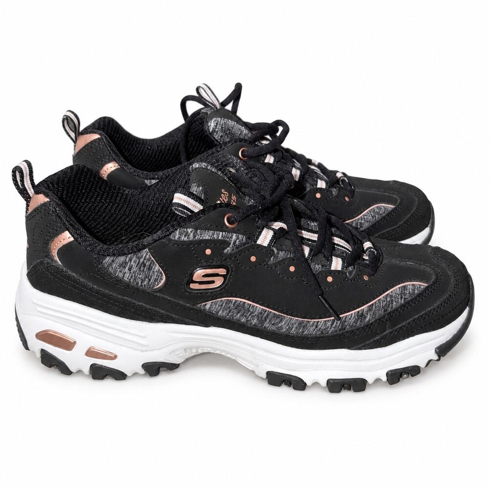 Skechers D’Lites Black Rose Gold Chunky Sneakers Women’s Size 8.5
